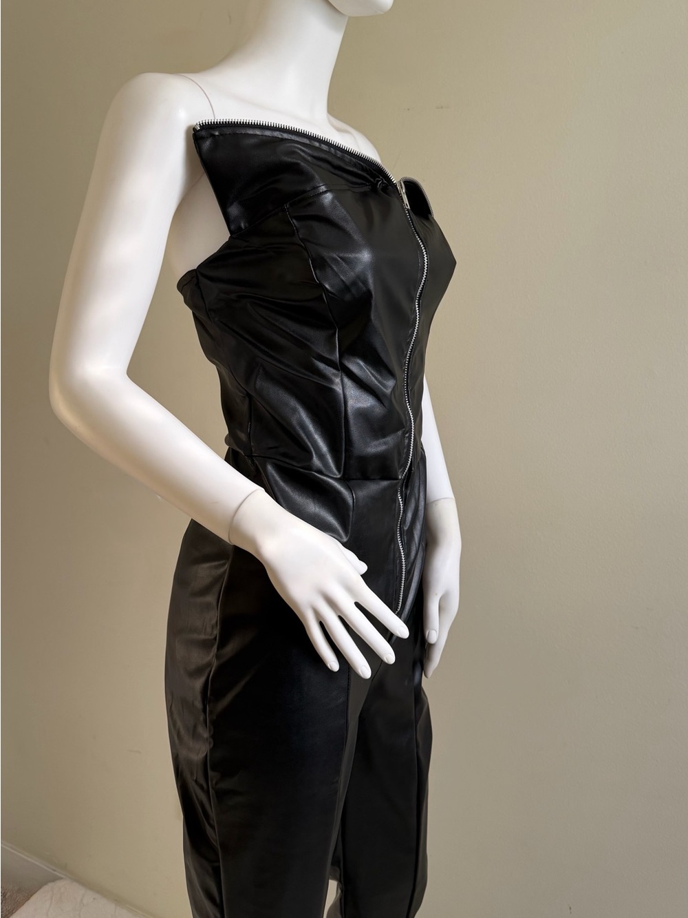 Asyou Strapless Black Faux Leather Jumpsuit with Front Zip Detail